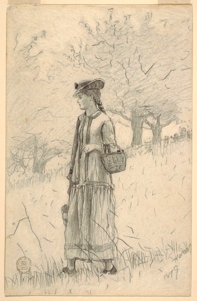 Tegning, Ung kvinde går gennem en mark, 1879 af Winslow Homer