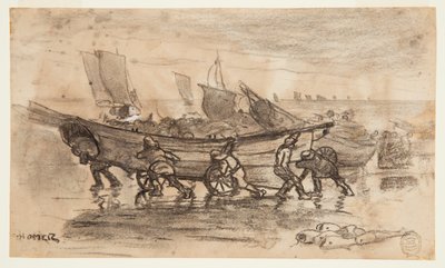 Fishermen Beaching a Dory, Cullercoats, England af Winslow Homer