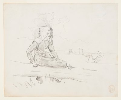 Pige sidder på en træstamme af Winslow Homer