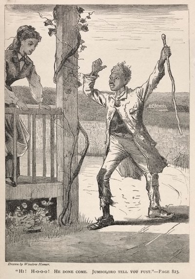 "Hej! H-O-O-O!  Han er kommet.  Jumboloro fortæller dig det først." af Winslow Homer