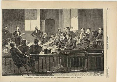 Jurymedlemmer lytter til advokater, højesteret, New City Hall, New York af Winslow Homer