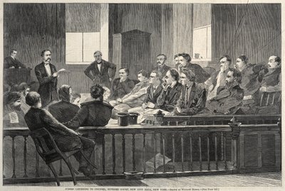 Nævninge lytter til advokat, Højesteret, New City Hall, New York, 1869. af Winslow Homer