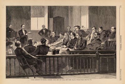 Jurymedlemmer lytter til advokater, højesteret, New City Hall, New York, fra Harper