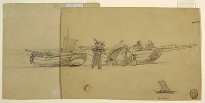 Mænd og kvinder læsser en Fishing Dory, Cullercoats, England af Winslow Homer