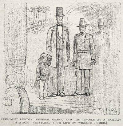 Præsident Lincoln, general Grant og Tad Lincoln på en togstation af Winslow Homer
