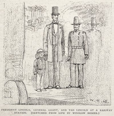 Præsident Lincoln, General Grant og Tad Lincoln på en jernbanestation, 1887. af Winslow Homer