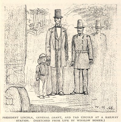 Præsident Lincoln, general Grant og Tad Lincoln på en jernbanestation, fra The Century Magazine, november 1887 af Winslow Homer