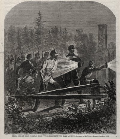 Oprørere uden for deres værker i Yorktown Rekognoscering med mørke lanterner, 1862. af Winslow Homer