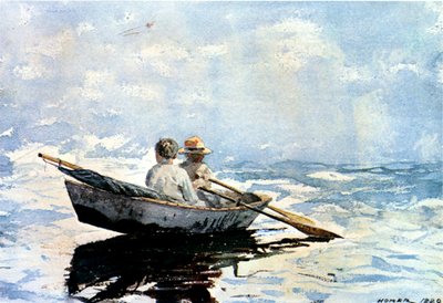 Roing the Boat, 1880 (wc på papir om bord) af Winslow Homer