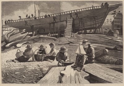 Ship-Building, Gloucester Harbor, udgivet 1873. af Winslow Homer
