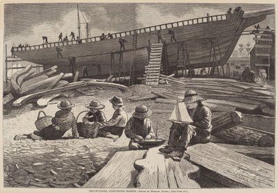 Ship-Building, Gloucester Harbor, udgivet 1873. af Winslow Homer