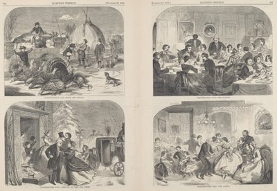 Thanksgiving Day - Ways and Means [øverst til venstre], udgivet 1858. af Winslow Homer