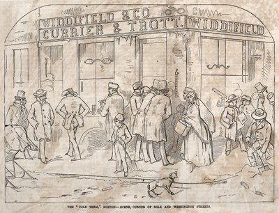 The Cold Term, Boston - Scene, Corner Milk and Washington Streets, 1858. af Winslow Homer