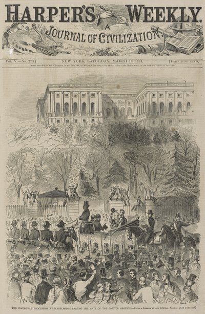 Den indledende procession i Washington passerer porten til Capitol Grounds (Fra en skitse af vores særlige kunstner), 1861 (trægravering) af Winslow Homer