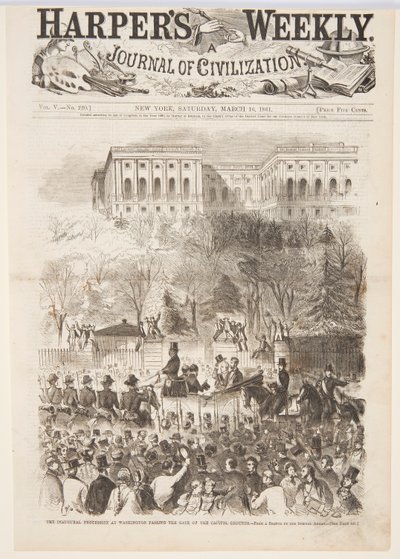 Den indledende procession i Washington passerer porten til Capitol Grounds, fra Harper