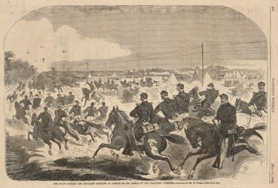Unionens kavaleri og artilleri indleder forfølgelsen af rebellerne ad Yorktown Turnpike, fra Harper