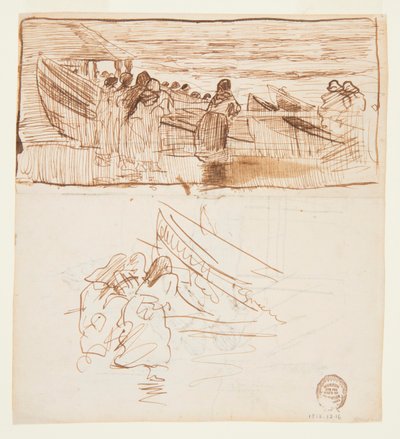 To undersøgelser af kvinder, der står bag rækværk, ser på lanceringen af dories, Cullercoats, England af Winslow Homer