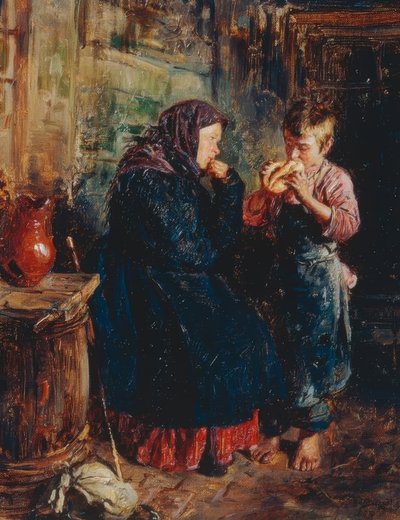 Gammel kvinde og dreng med brød af Wladimir Jegorowitsch Makowski
