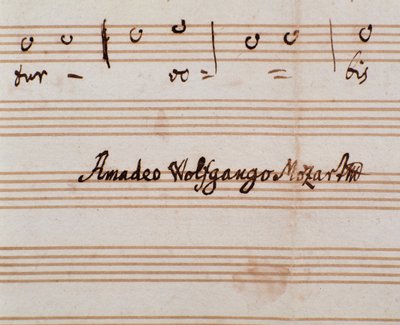 Detalje af komponistens underskrift på nodesiden til Querite primum regnum dei af Mozart for at opnå titlen Accademico filarmonico (1770) af Wolfgang Amadeus Mozart