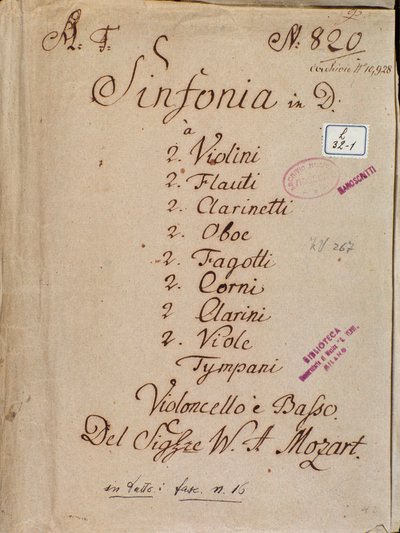 Første side med noder til Symfoni nr. 4 i D, af Mozart af Wolfgang Amadeus Mozart