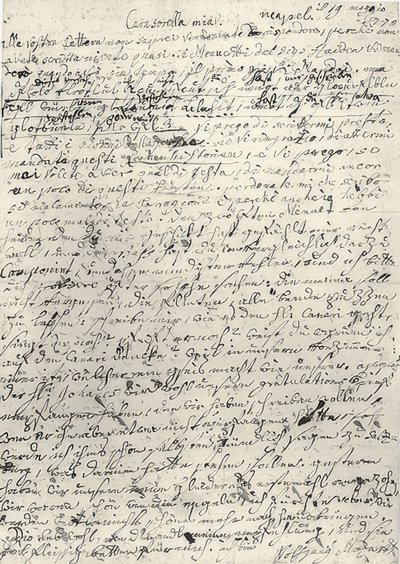 Wolfgang Amadeus Mozart (1756-1791) østrigsk komponist. Håndskrevet brev til sin søster Nannerl. Napoli 19. marts 1770 af Wolfgang Amadeus Mozart