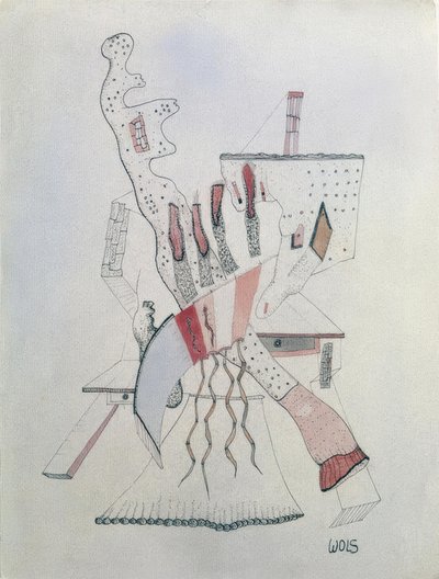 Figur læner sig op ad to borde af Wols