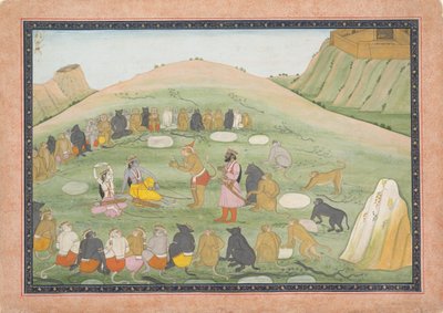 Hanuman genopliver Rama og Lakshmana med lægeurter...,Ramayana-serien, ca. 1790. af Workshop active in the First generation