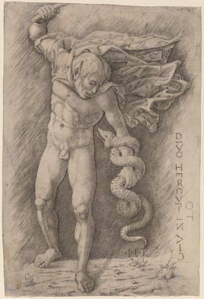 Faun kæmper mod en slange af Workshop of Andrea Mantegna