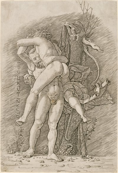 Hercules og Antaeus af Workshop of Andrea Mantegna