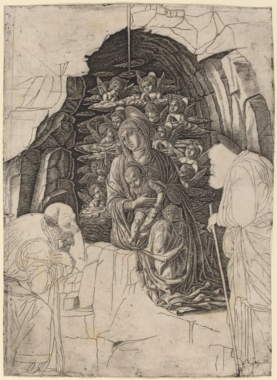 Magiernes tilbedelse (Jomfru i grotten) af Workshop of Andrea Mantegna