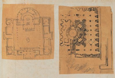Side fra en scrapbog indeholdende tegninger og adskillige print af arkitektur, Int..., ca. 1800-1850. Skabere: Workshop af Charles Percier, Workshop af Pierre François Léonard Fontaine. af Workshop of Charles Percier, Workshop of Pierre