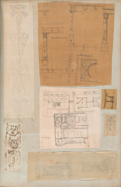 Side fra en scrapbog indeholdende tegninger og adskillige print af arkitektur, Int..., ca. 1800-1850. Skabere: Workshop af Charles Percier, Workshop af Pierre François Léonard Fontaine. af Workshop of Charles Percier, Workshop of Pierre