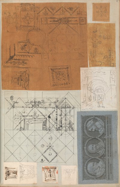 Side fra en scrapbog indeholdende tegninger og adskillige print af arkitektur, Int..., ca. 1800-1850. Skabere: Workshop af Charles Percier, Workshop af Pierre François Léonard Fontaine. af Workshop of Charles Percier, Workshop of Pierre