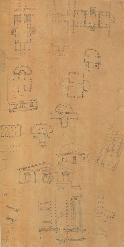 Side fra en scrapbog indeholdende tegninger og adskillige print af arkitektur, Int..., ca. 1800-1850. Skabere: Workshop af Charles Percier, Workshop af Pierre François Léonard Fontaine. af Workshop of Charles Percier, Workshop of Pierre