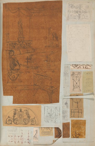 Side fra en scrapbog indeholdende tegninger og adskillige print af arkitektur, Int..., ca. 1800-1850. Skabere: Workshop af Charles Percier, Workshop af Pierre François Léonard Fontaine. af Workshop of Charles Percier, Workshop of Pierre