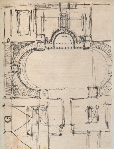 Side fra en scrapbog indeholdende tegninger og adskillige print af arkitektur, Int..., ca. 1800-1850. Skabere: Workshop af Charles Percier, Workshop af Pierre François Léonard Fontaine. af Workshop of Charles Percier, Workshop of Pierre