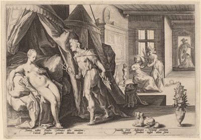 Mercury kommer ind i Herses værelse efter at have ændret Agraulos til sten af Workshop of Hendrick Goltizus, after Hendrick Goltzius