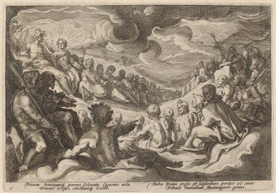 Jupiter tager råd fra guderne om ødelæggelsen af universet af Workshop of Hendrick Goltzius, after Hendrick Goltzius