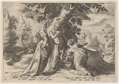 Cecrops døtre åbner kisten, som Minerva har betroet dem af Workshop of Hendrick Goltzius, after Hendrick Goltzius