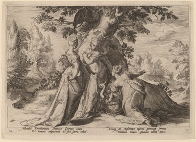 Cecrops døtre åbner kisten, som Minerva har betroet dem af Workshop of Hendrick Goltzius, after Hendrick Goltzius