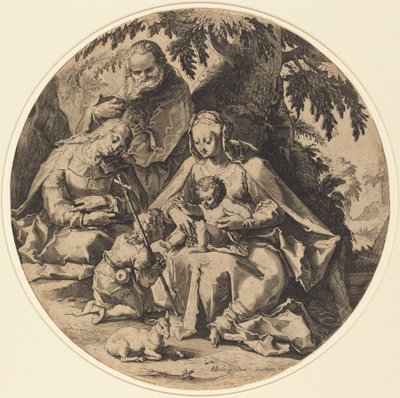 Den hellige familie med Saint Elizabeth og Saint John the Baptist af Workshop of Jacob Matham, after Hendrik Goltzius