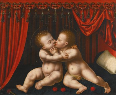 Hollandsk: Christus en Johannes de Doper als kinderen Spædbørnene Kristus og Johannes Døberen omfavner hinanden af Workshop of Joos van Cleve