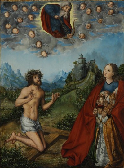 Kristus og jomfruen går ind for menneskeheden for Gud Faderen (De tre plager) af workshop of Lucas Cranach the Elder