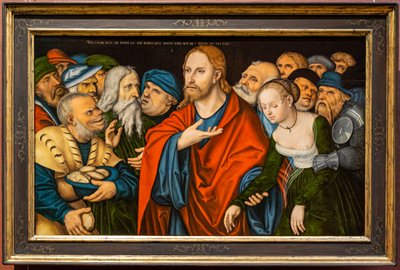 Tysk: Christus und die Ehebrecherin Kristus og kvinden, der blev taget i ægteskabsbrud af workshop of Lucas Cranach the Elder
