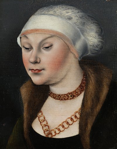 Tysk: Kopf einer Dame mit weißer Haube (Omphale) Hovedet af en kvinde med en hvid kyse af workshop of Lucas Cranach the Elder
