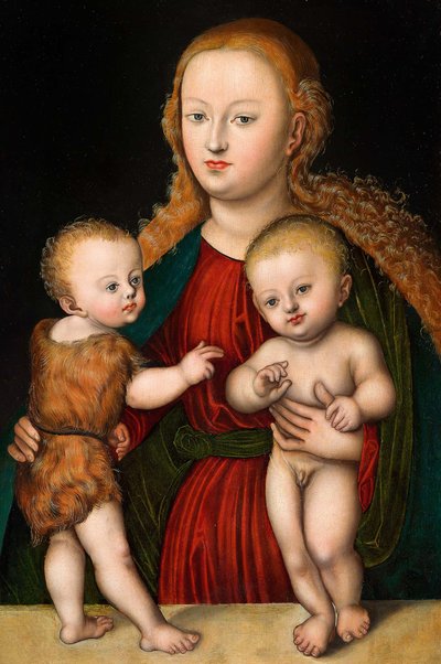 Tysk: Madonna og barn med Johannes Døberen Jomfru og barn med Johannes af workshop of Lucas Cranach the Elder