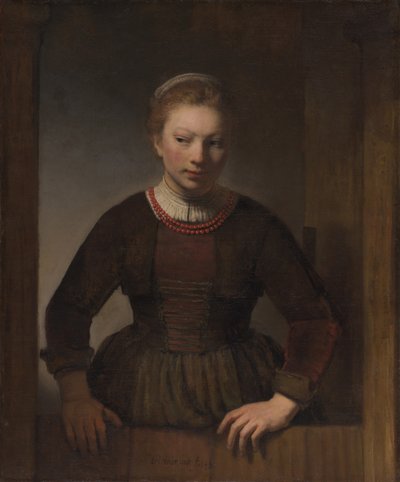 Ung kvinde ved en åben halvdør af Workshop of Rembrandt van Rijn
