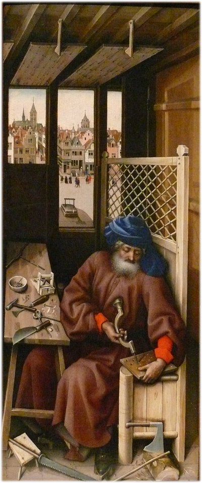 Annunciation Alternativ(e) titel(r):   Mérode-altertavle
Højre panel: Sankt Josef som tømrer af Workshop of Robert Campin