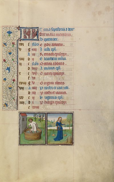 En mand, der træder druer; Stjernetegn for Vægten af Workshop of Willem Vrelant