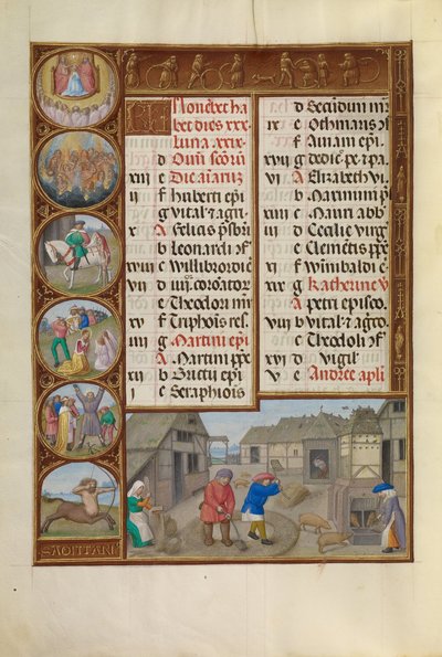 Tærskning og fodring af svin; Stjernetegn for Skytten af Workshop of the Master of James IV of Scotland